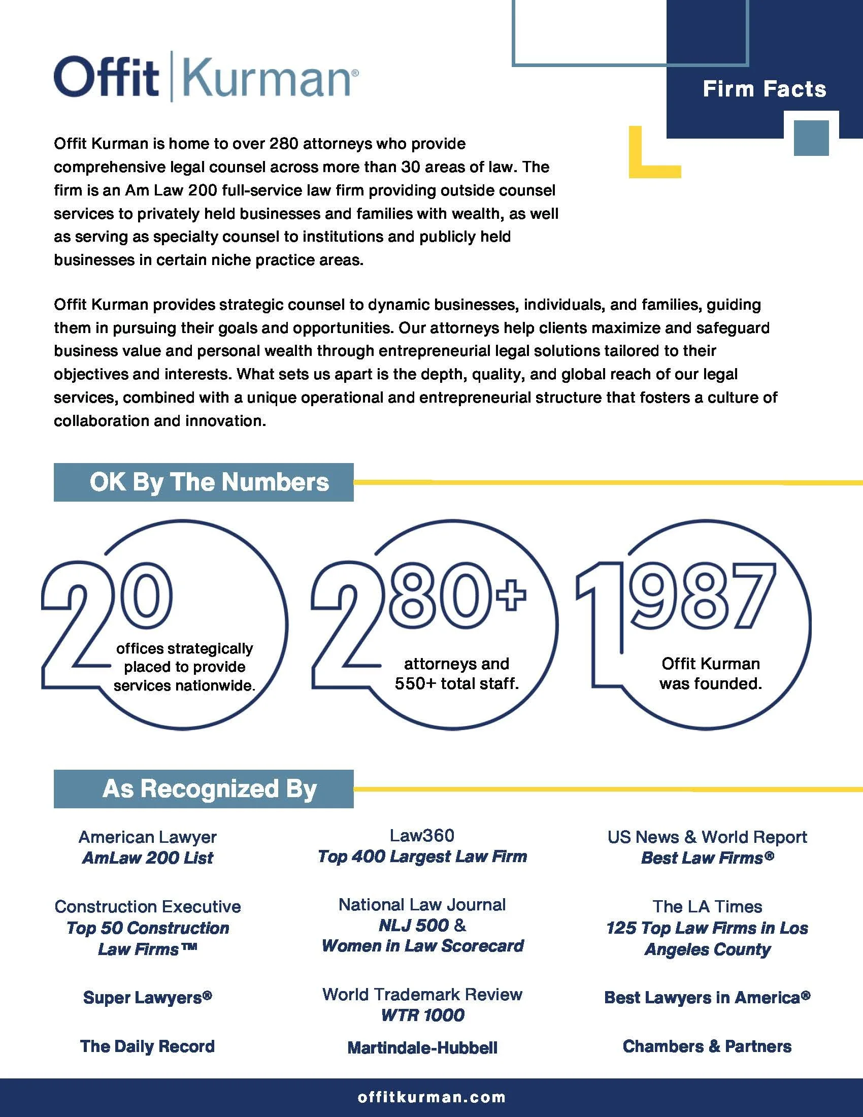Offit Kurman Firm Fact Sheet (front) designed as a handout to be given to potential clients, or put in a RFP.