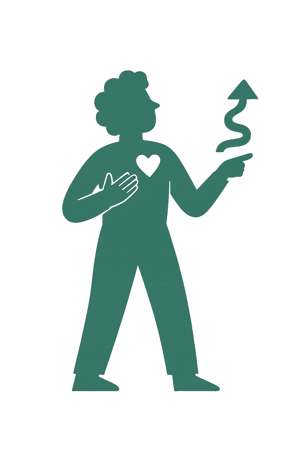 A stylized illustration of a person with a heart on their chest, placing one hand over their heart and the other hand pointing upwards with a spiraling arrow.