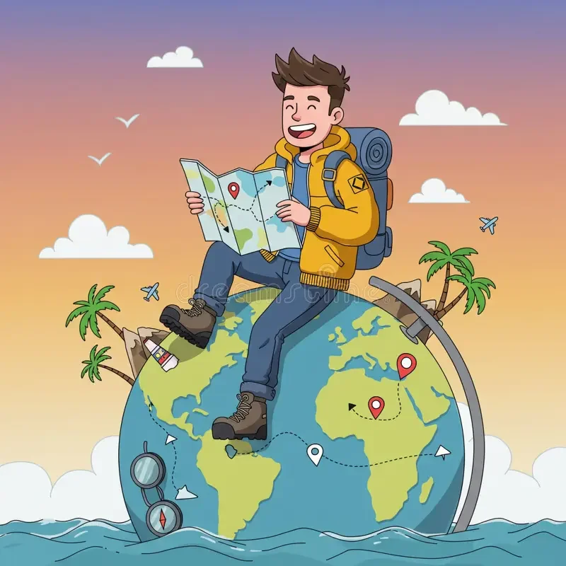 Cartoon illustration of a happy traveler with a backpack sitting on a small globe, holding a map. The globe features tropical islands, airplanes, and a bridge, set against a sunset sky with clouds and seagulls.
