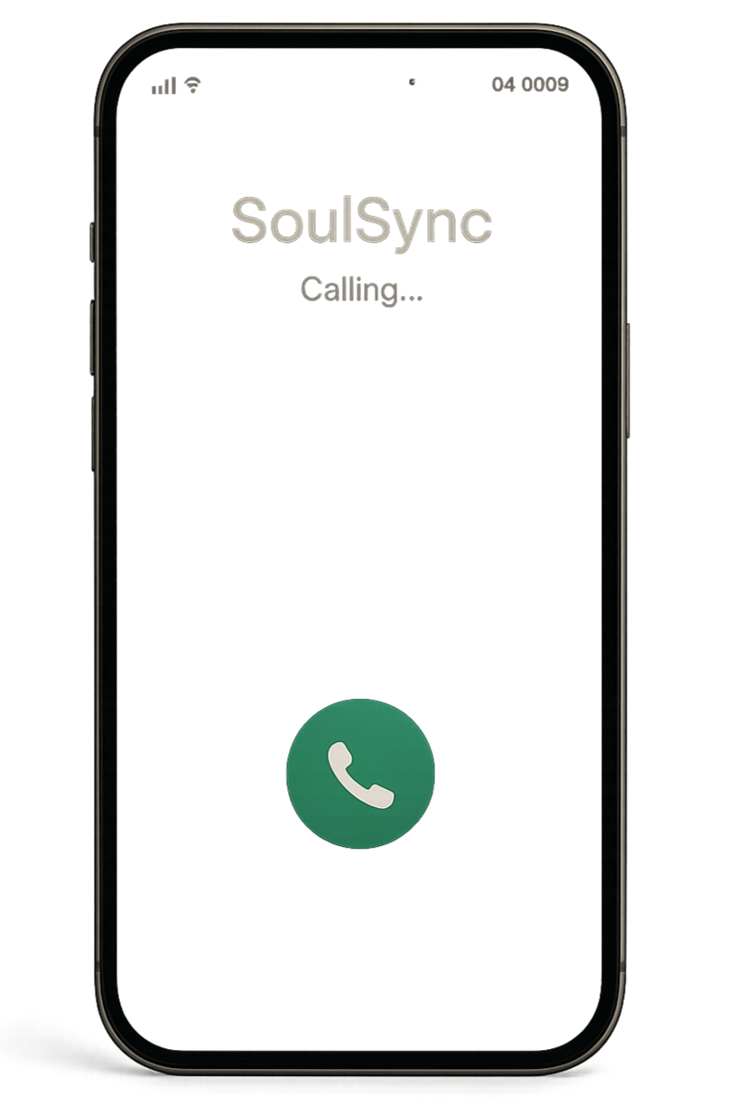 A smartphone screen shows an incoming call from SoulSync with a green call button below it.