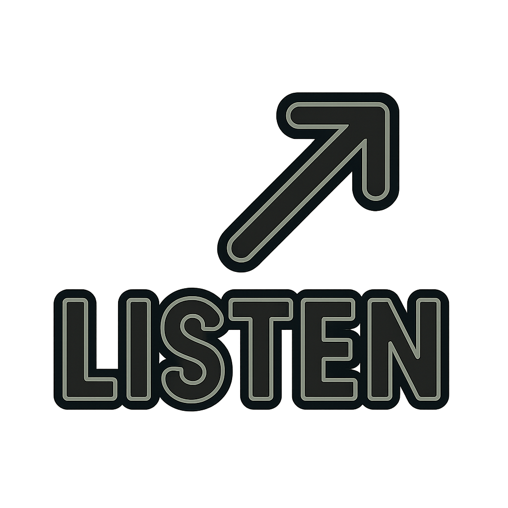 Neon sign with a large upward arrow and the word "LISTEN" in capital letters
