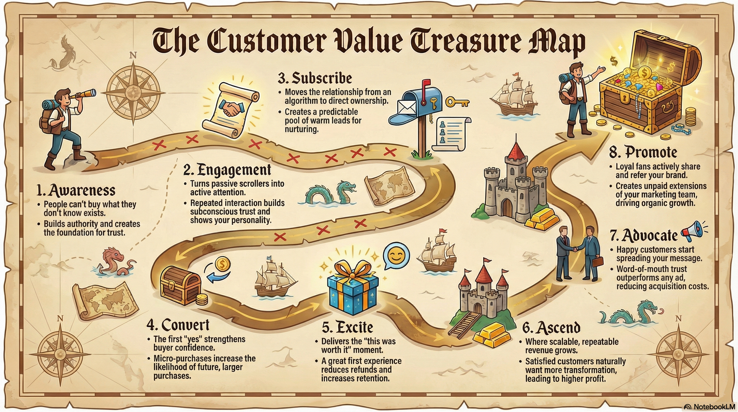A treasure map titled "The Customer Value Treasure Map" illustrating eight steps: 1. Awareness with a person looking through a telescope, 2. Engagement with a sea serpent and a map, 3. Subscribe with a mailbox and a key, 4. Convert with a treasure chest and a coin, 5. Excite with a gift box, 6. Ascend with a castle and gold, 7. Advocate with two people handshaking, and 8. Promote with a happy person near a treasure chest of gold, surrounded by castles and ships.