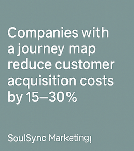 Text on a teal background stating companies with a journey map reduce customer acquisition costs by 15-30%, attributed to SoulSync Marketing.