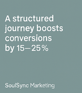 A teal background with white text stating, "A structured journey boosts conversions by 15-25%. SoulSync Marketing."