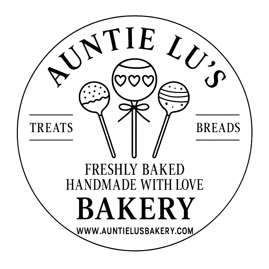 Logo for Auntie Lu's Bakery featuring three decorated cake pops and text promoting treats, breads, freshly baked handmade goods, and the website www.auntielusbakery.com.