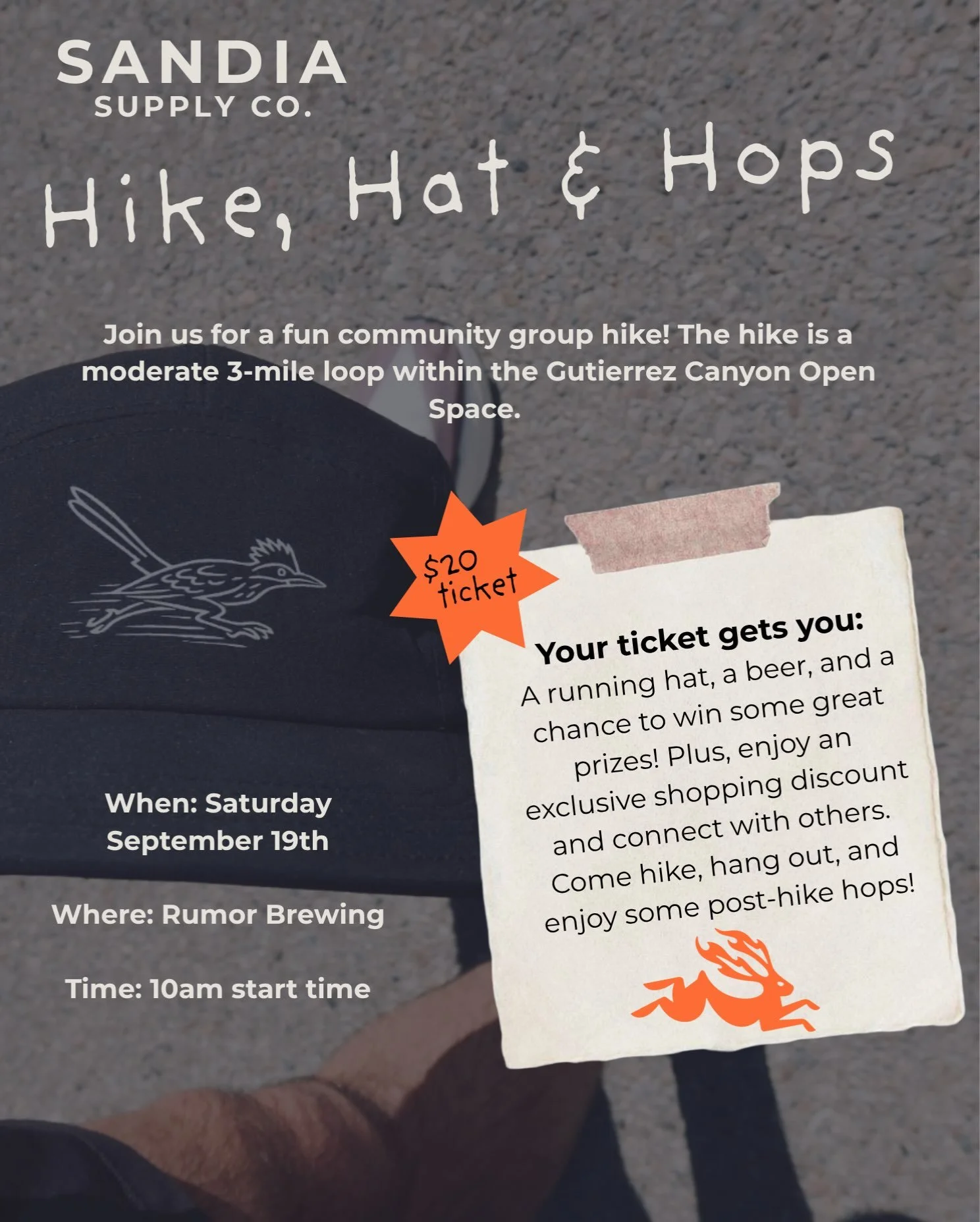 Less than one week until Hike, Hat &amp; Hops with @rumorbrewingco! 🤠🍻

Join us Saturday, September 19 at 10 a.m. for a 3-mile hike! Your ticket includes a Sandia Supply running hat, a beer, an exclusive shopping discount, and the chance to win som