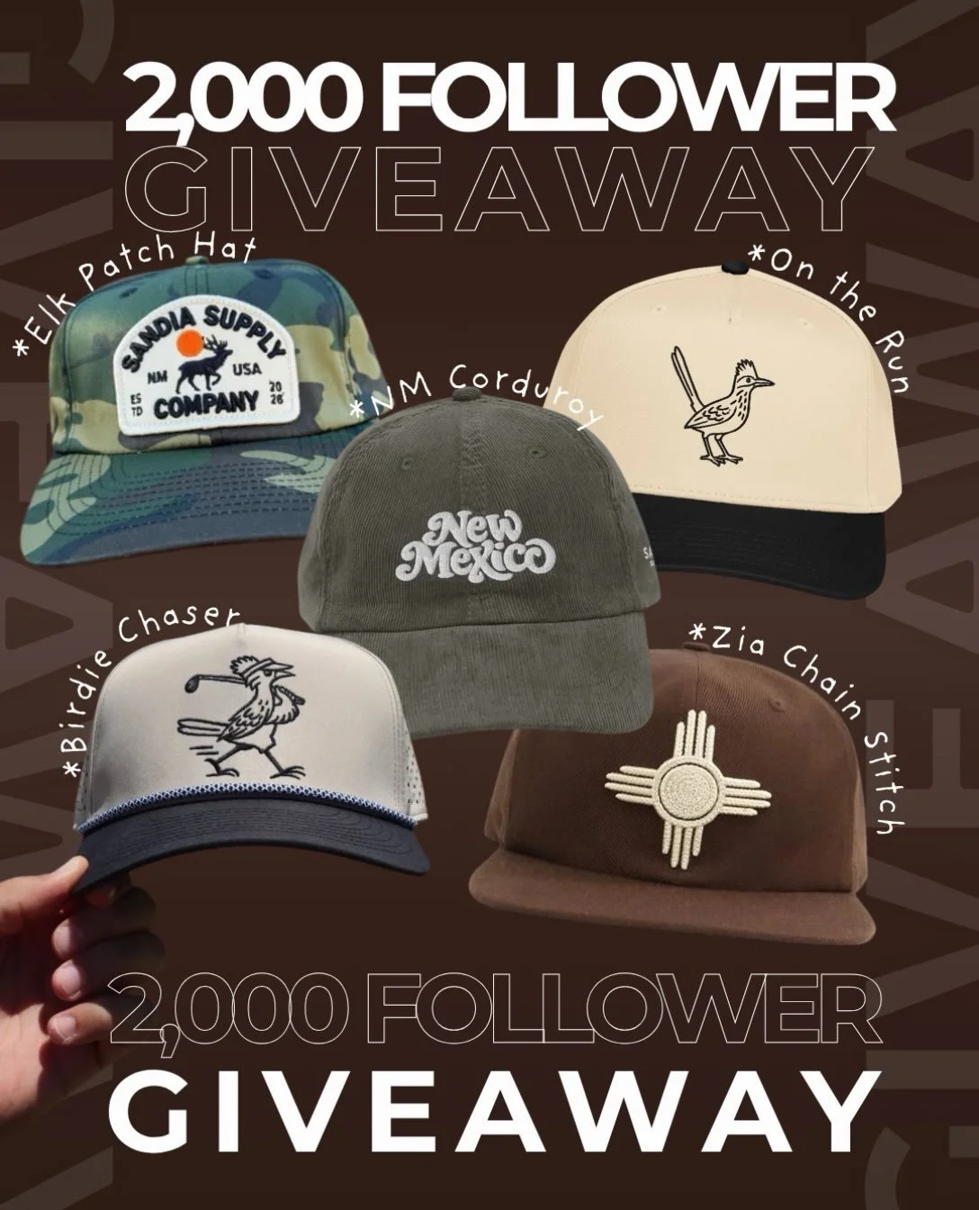 2,000 of you, which is pretty neat! 🤎 Thanks for being here.

To celebrate, we&rsquo;re giving away one of each hat pictured!

Five hats, five winners!!!

Tag a friend and tell us which hat you&rsquo;d pick in the comments! Each comment counts as an