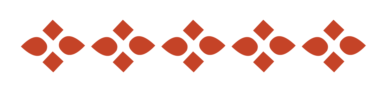 A decorative horizontal border pattern of red geometric shapes, including leaf-like, diamond, and circular shapes on a transparent background.