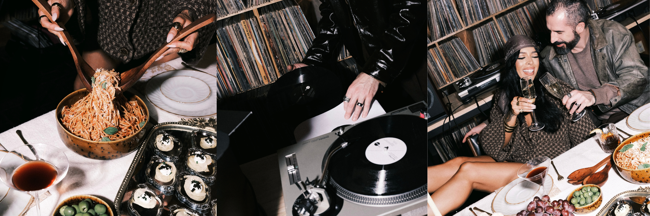 People enjoying a dinner party with pasta, sushi, wine, and drinks, listening to a DJ playing records.