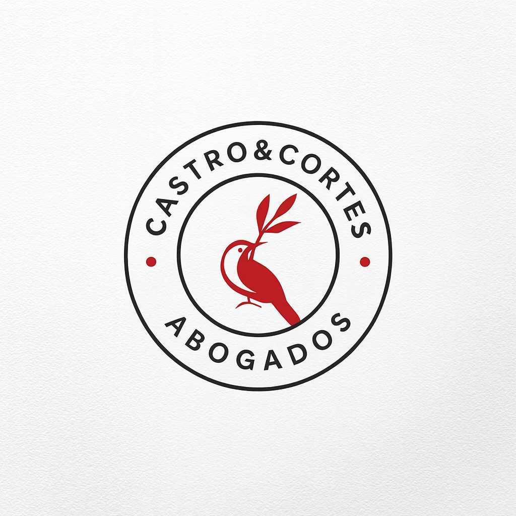 Logotipo blanco con un ave roja estilizada sosteniendo una rama con hojas, rodeado por un círculo con el texto 'Castro & Cortés Abogados' en letras negras.