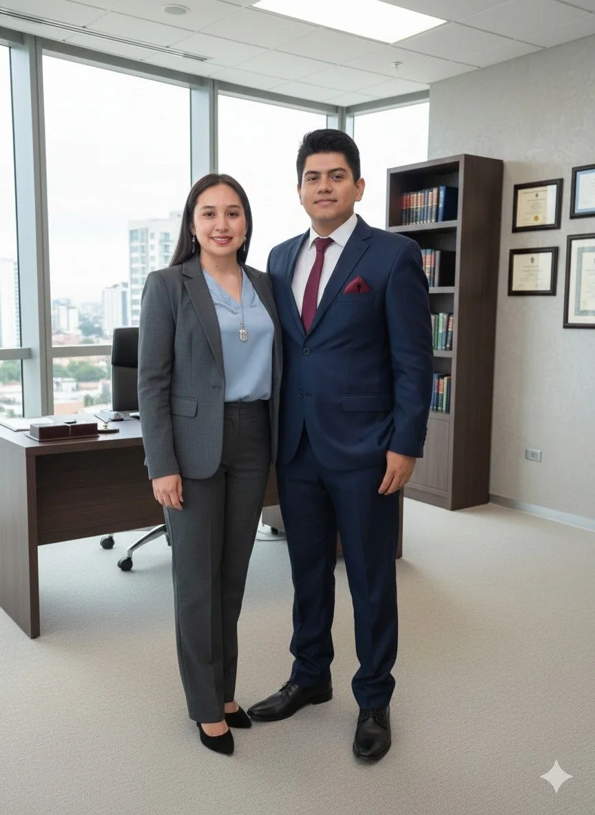 Una mujer y un hombre de negocios en oficina moderna con ventanas grandes, libros y certificados en la pared.