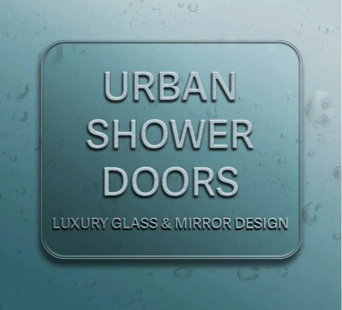 Sign that reads 'Urban Shower Doors, Luxury Glass & Mirror Design' with water droplets on the background.