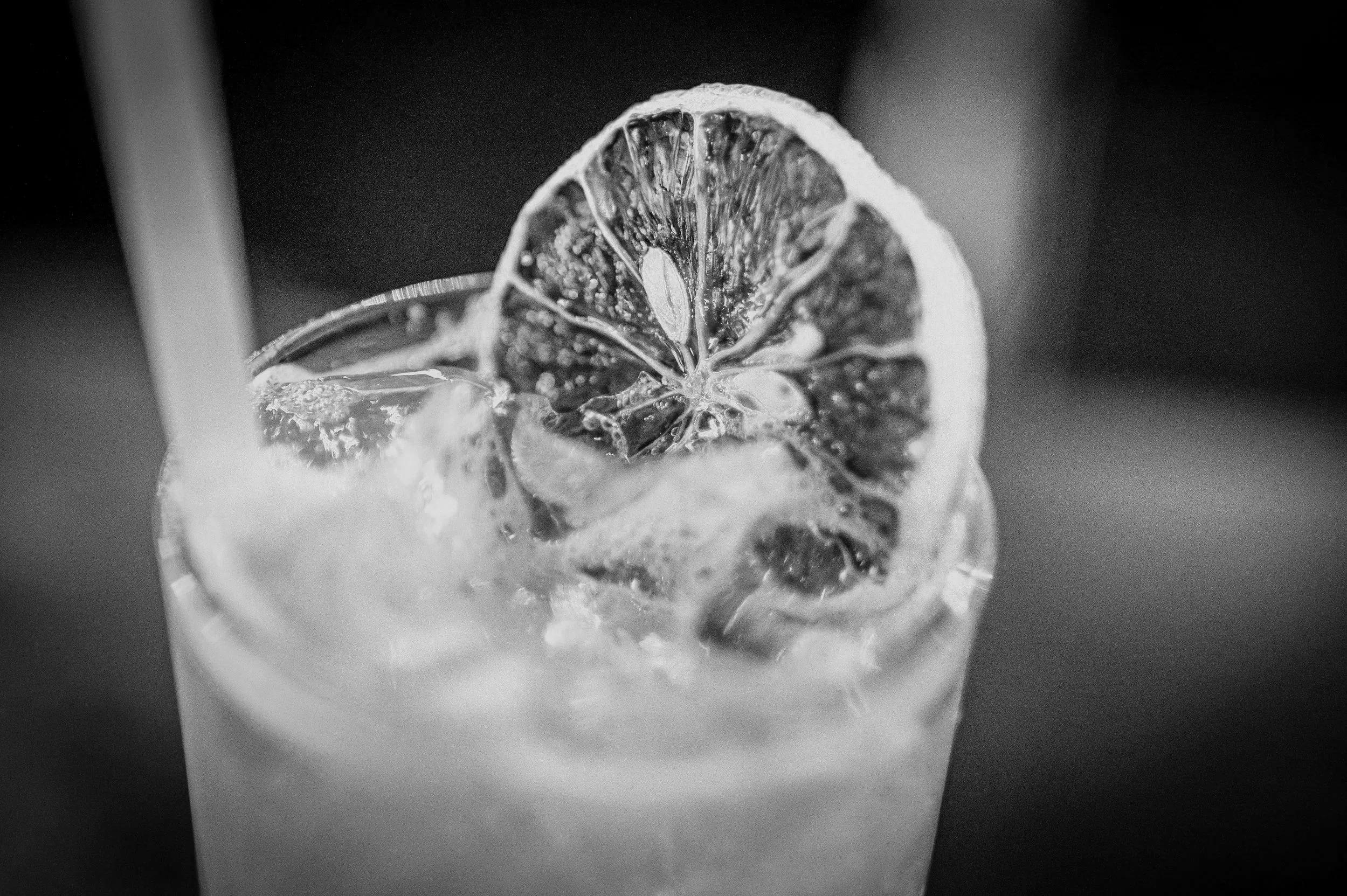 A close-up black and white photo of a glass filled with ice and fizzy drink, garnished with a slice of lemon or lime.