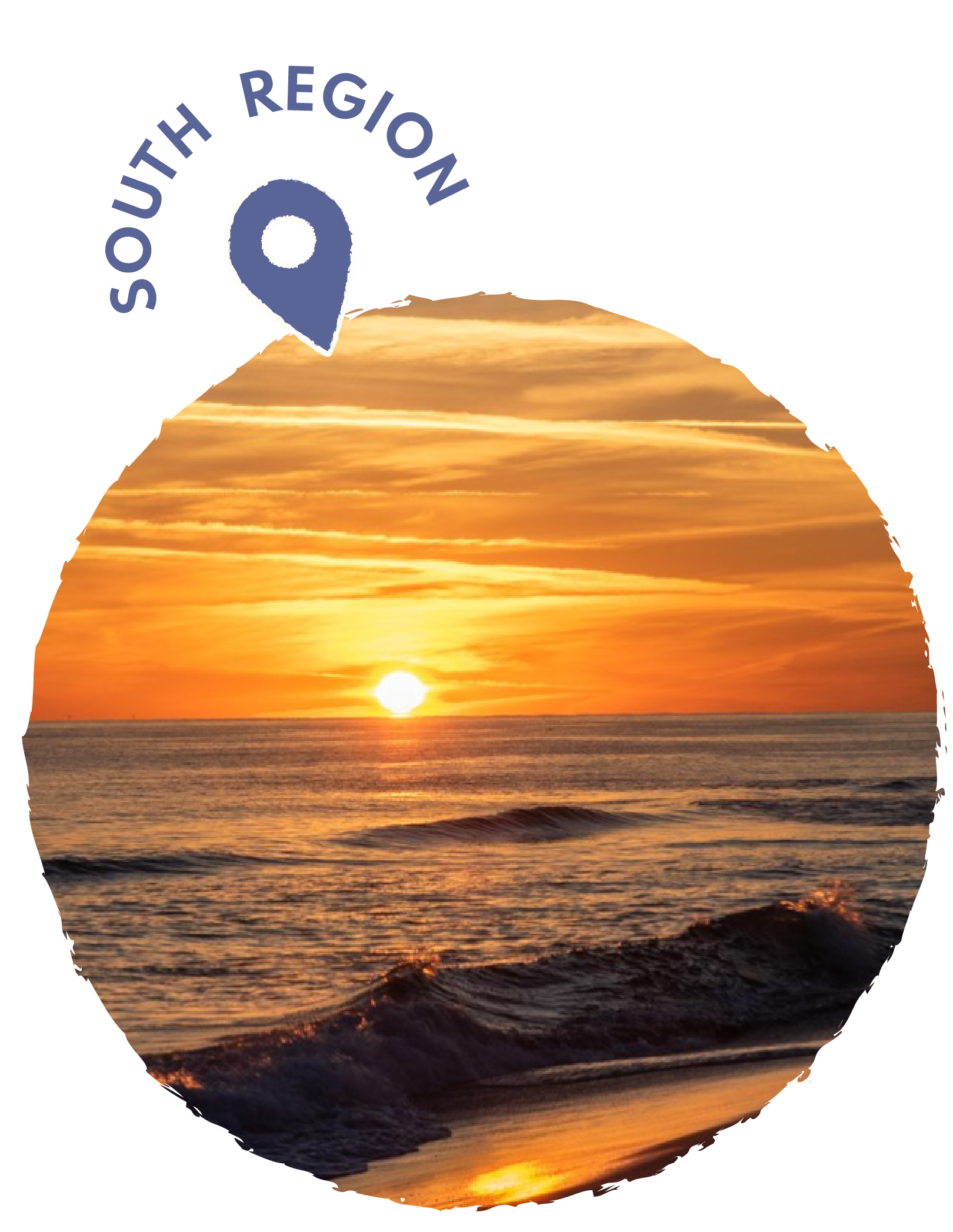 Sunset over the ocean with waves and orange sky.