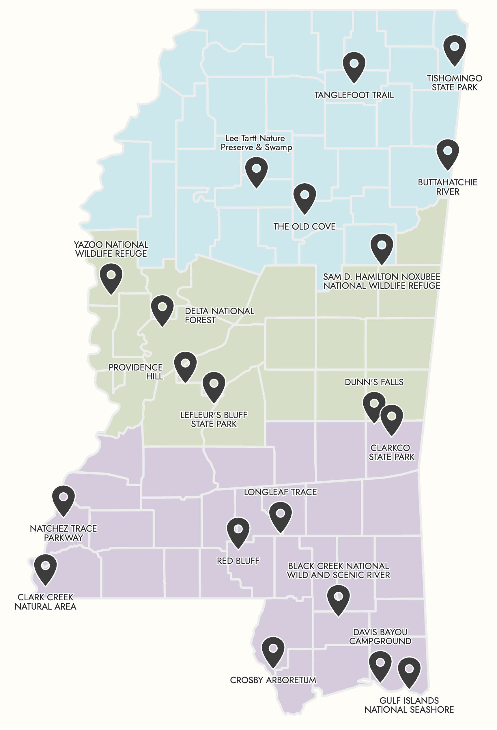 Map of Washington State with locations of parks and natural areas marked, including Tishomingo State Park, Tanglefoot Trail, Buttahatchie River, Lee Tarrt Nature Preserve & Swamp, Yazoo National Wildlife Refuge, Delta National Forest, Providence Hill, Lefleur’s Bluff State Park, Natchez Trace Parkway, Clark Creek Natural Area, Crosby Arboretum, Black Creek National Wild and Scenic River, Davis Bayou Campground, Gulf Islands National Seashore, Longleaf Trace, Red Bluff, and Clarkco State Park.