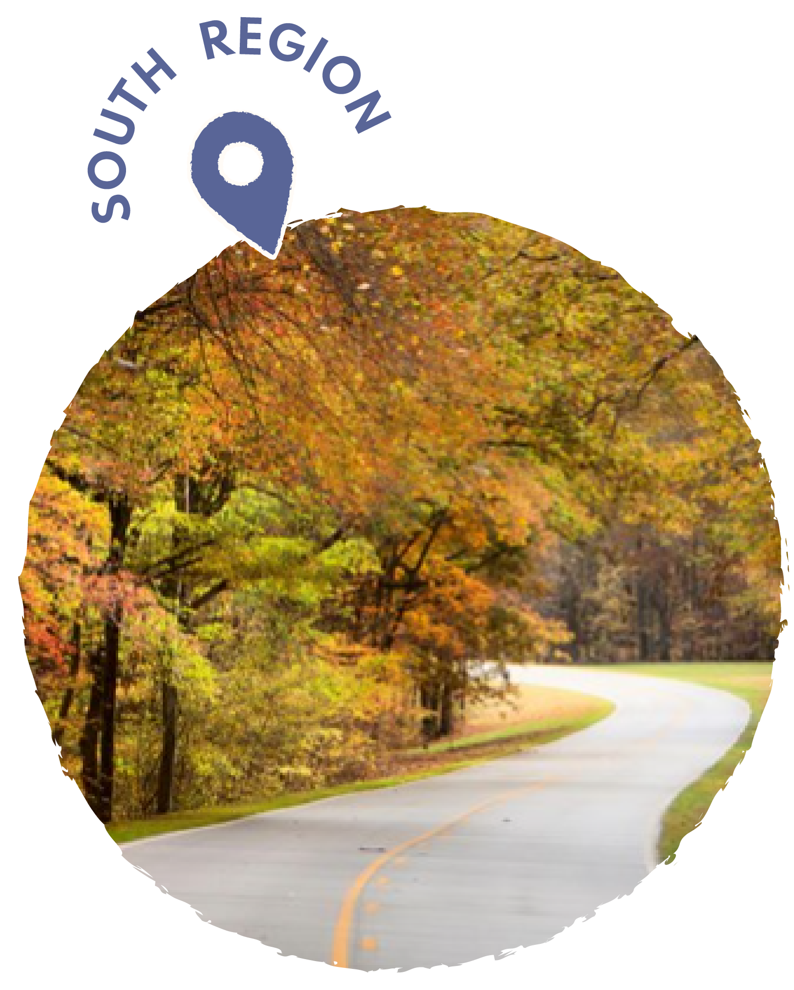 Scenic autumn landscape of a winding road through a forest with colorful fall foliage.