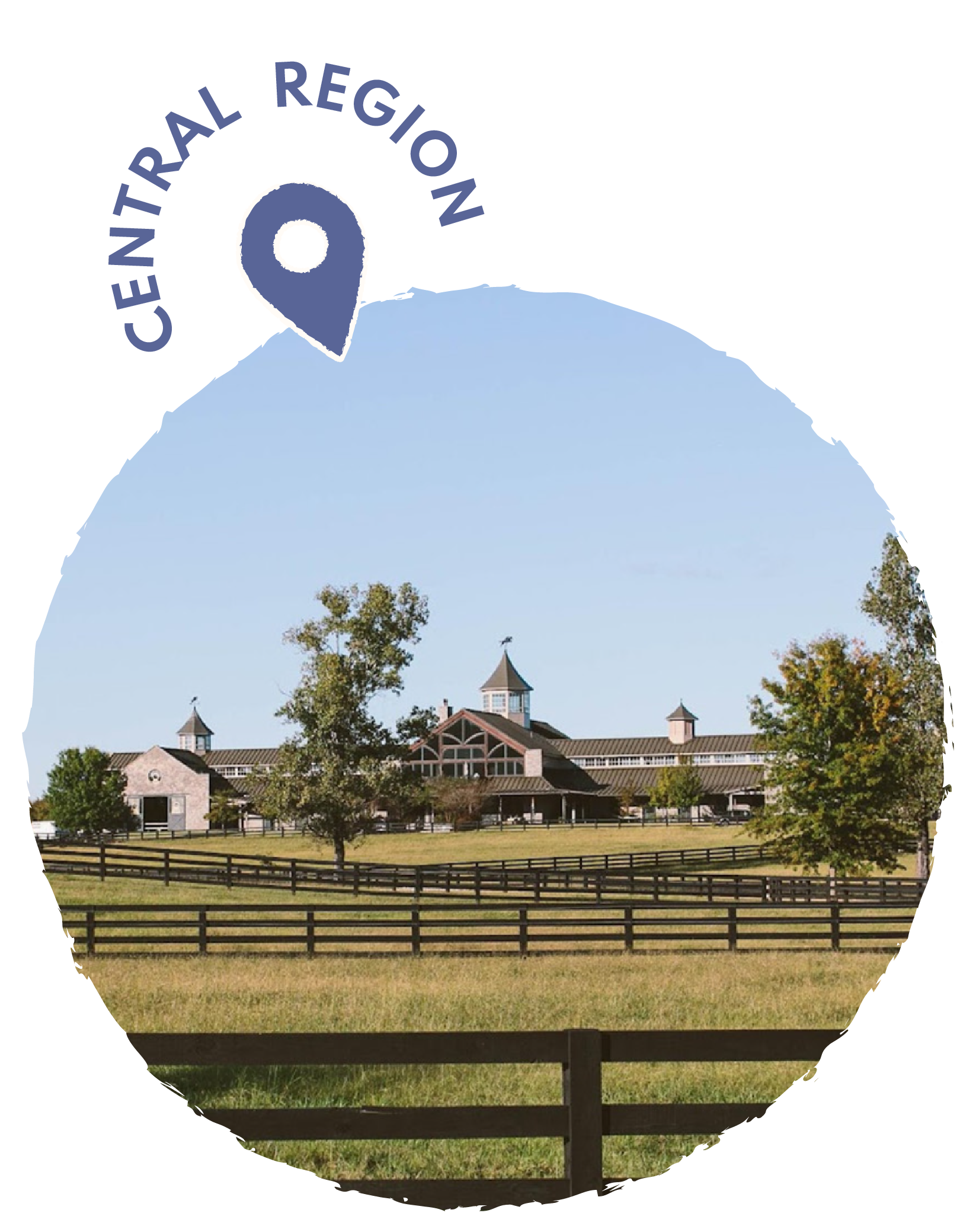 A rural farm scene with a large barn, trees, and a fenced field under a clear blue sky.