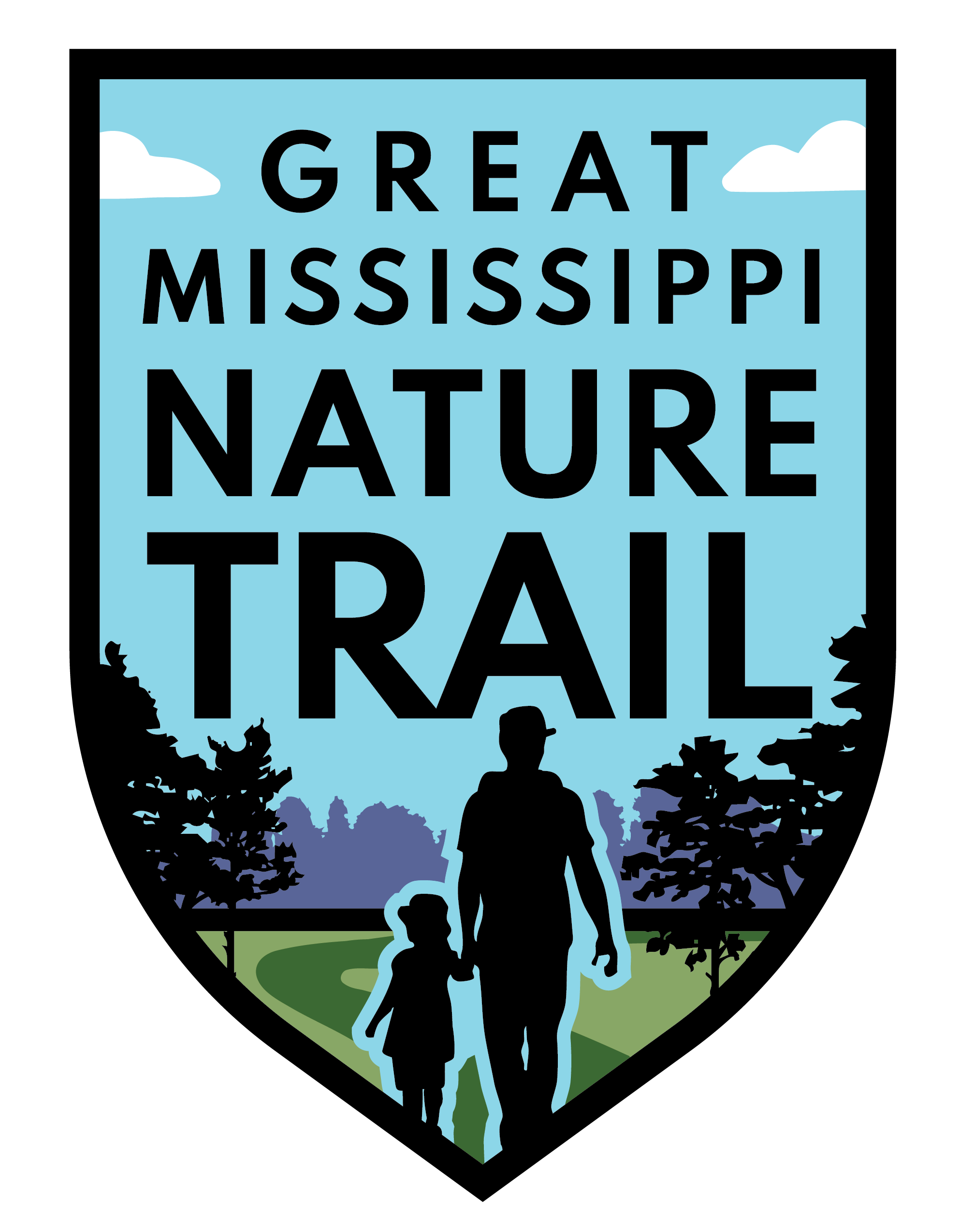 Illustration promoting Great Mississippi Nature Trail, featuring a man and a child walking hand in hand on a trail, with trees and clouds in the background.