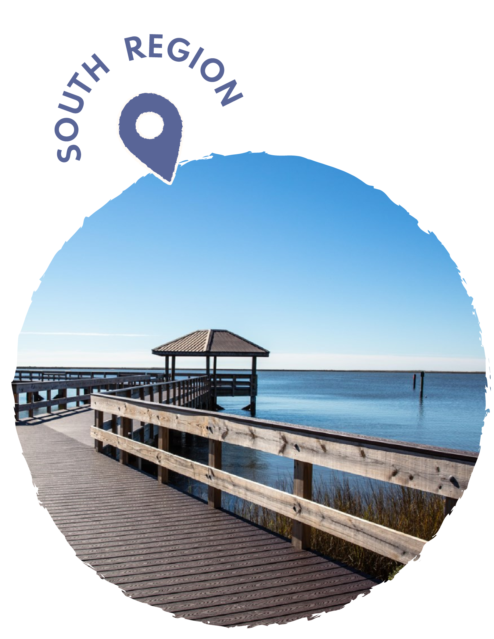 A wooden pier with a gazebo extends into a calm body of water under a clear blue sky.