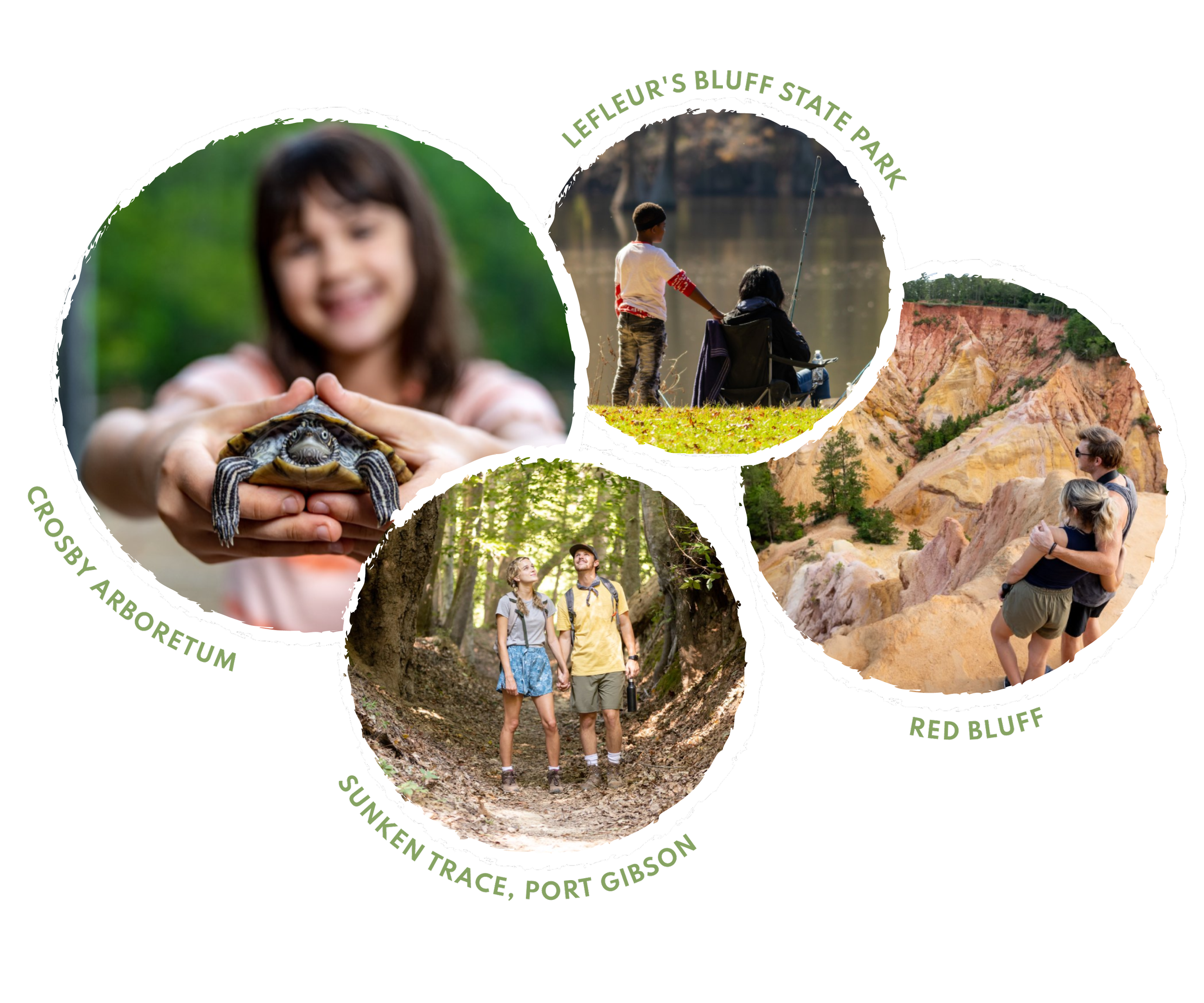 Collage of four outdoor scenes at state parks and natural areas: a girl holding a turtle at Crosby Arboretum, a child fishing at LeFleur's Bluff State Park, a couple hiking on a trail at Sunken Trace in Port Gibson, and two people embracing at Red Bluff with rocky cliffs in the background.