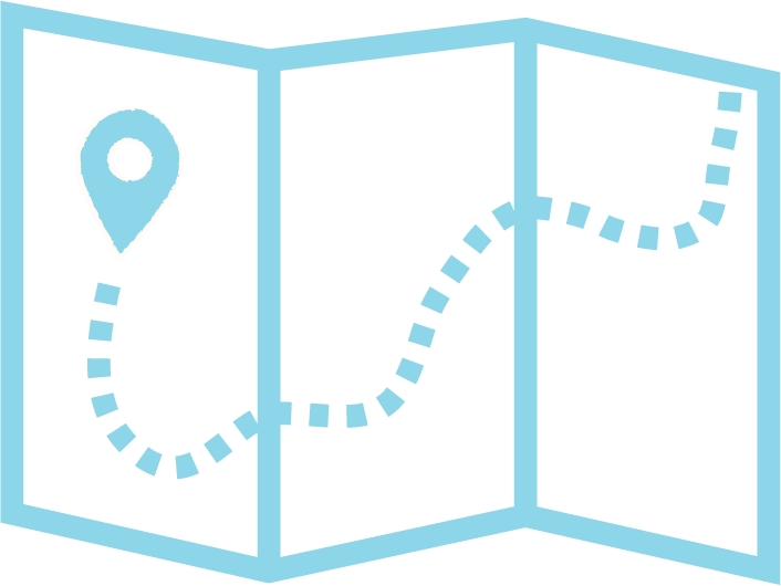 A folded paper map with a dashed route line leading to a location pin.