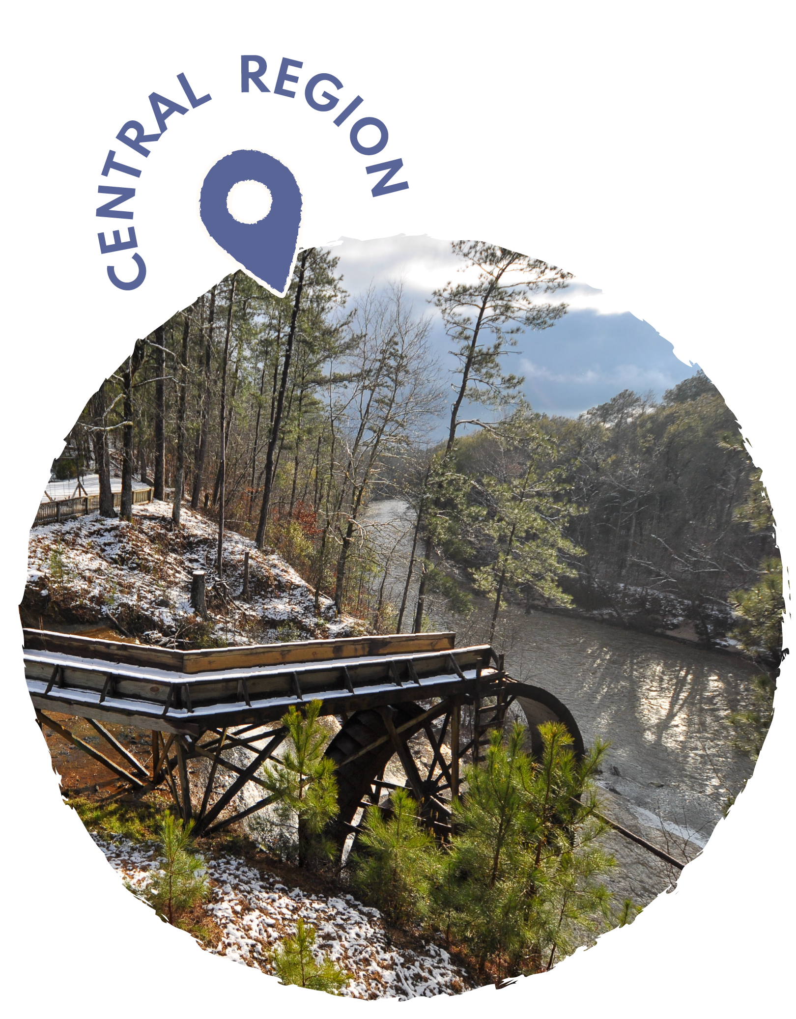 A scenic view of a river flowing through a forested area with a historic wooden waterwheel and a bridge, and some snow on the ground, under a partly cloudy sky.