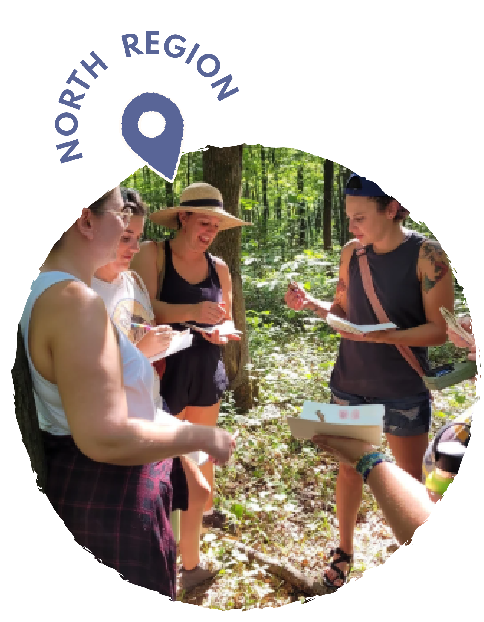 Group of women on a nature walk in a wooded area, engaging in an outdoor activity with notebooks or clipboards.
