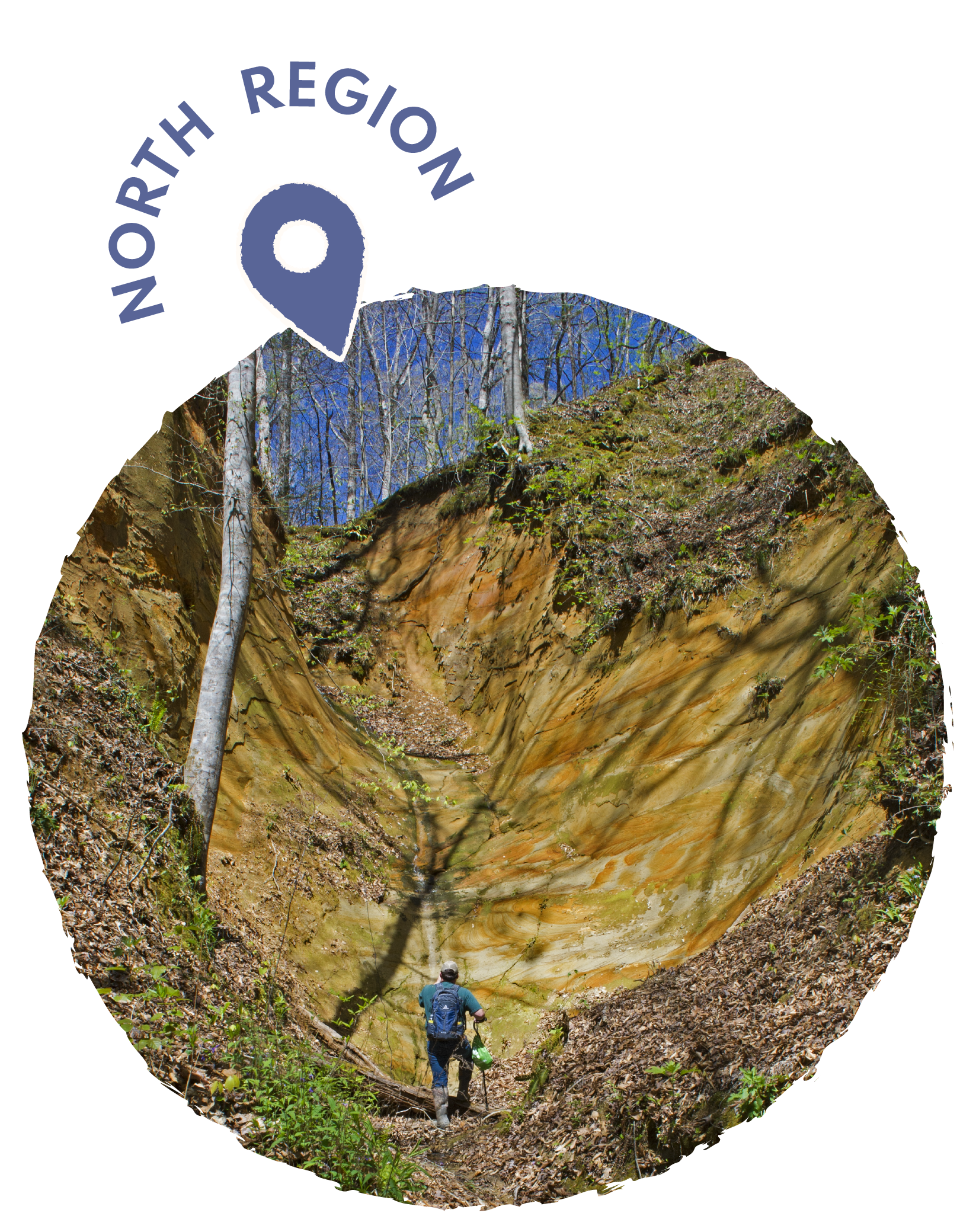 Person hiking in a canyon with colorful rock formations and sparse vegetation, framed within a circular overlay with a map marker icon above.