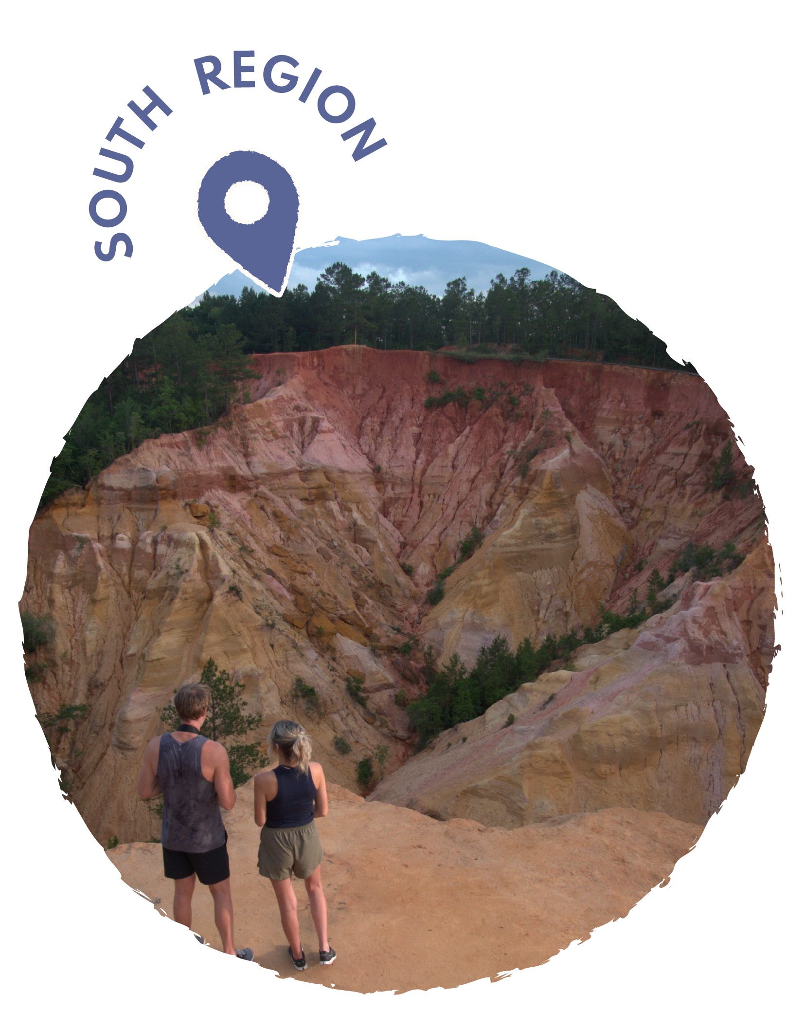 A scenic view of colorful canyon walls with two people standing on a dirt path, looking at the landscape, surrounded by green trees and forest, with an overlay of a location pin icon.