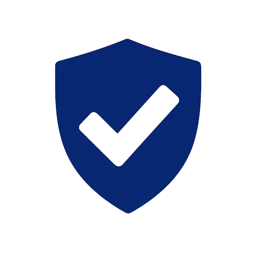Blue shield with a black checkmark in the center.