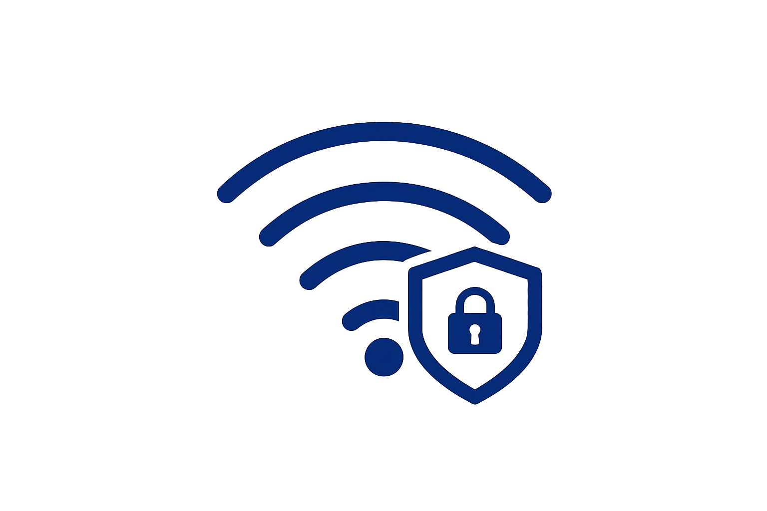 Wi-Fi symbol with a shield and padlock icon indicating secure wireless network.