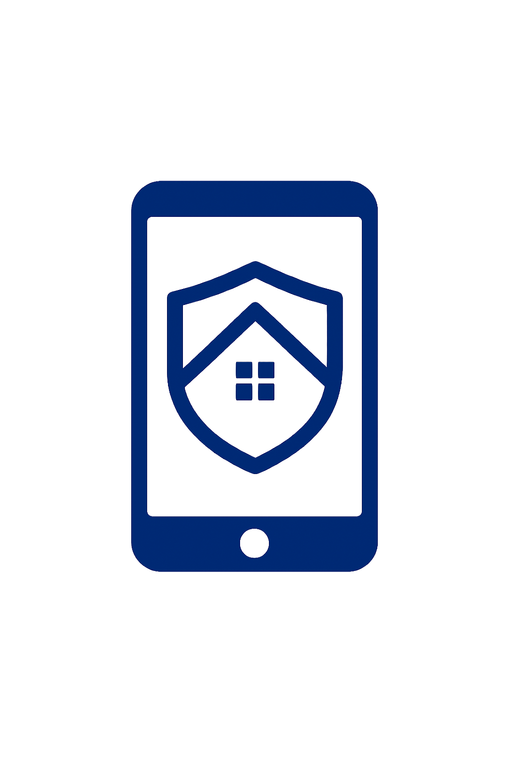 Smartphone displaying a security shield icon with a house and window inside.