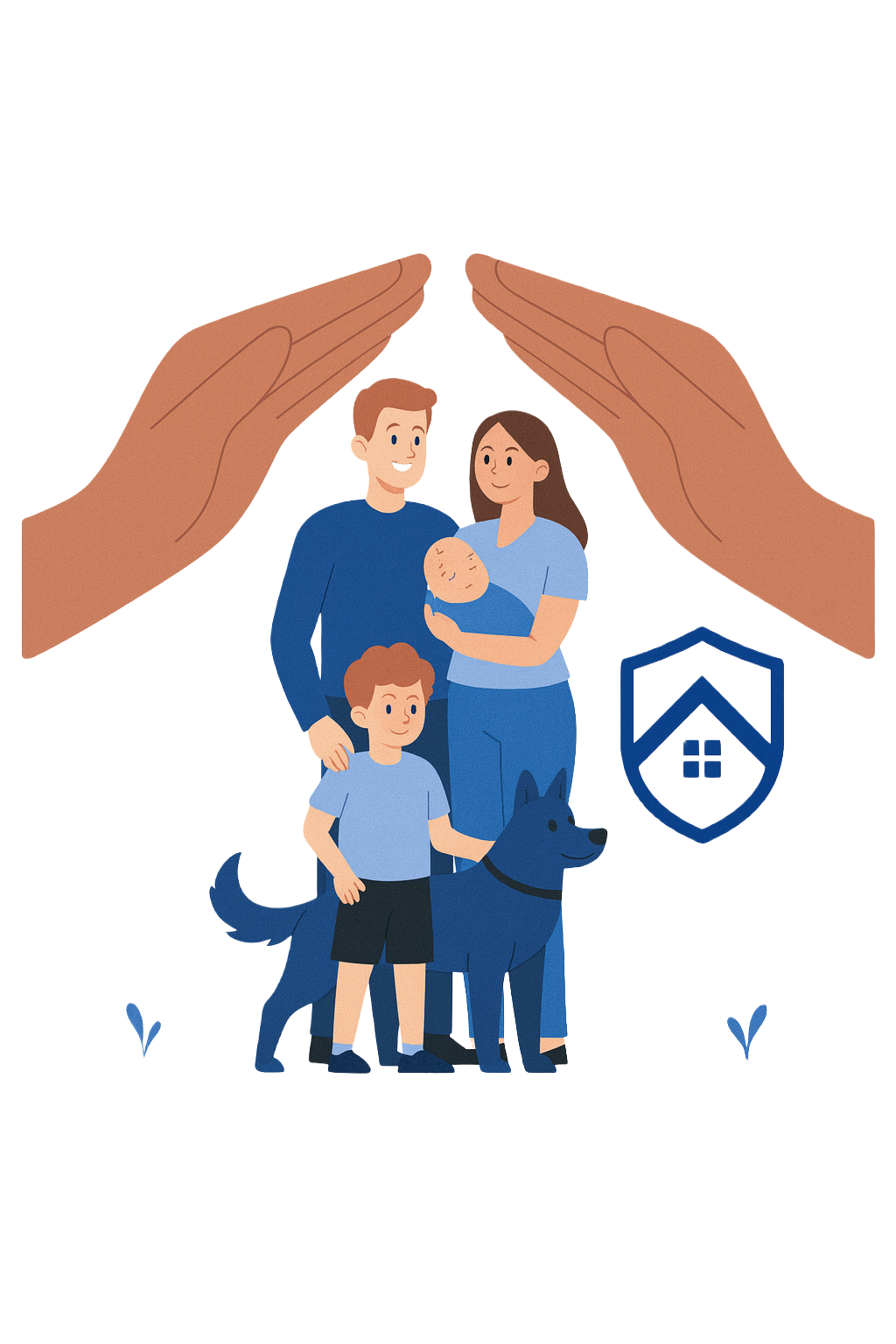 Illustration of a family with two children and a dog, surrounded by large hands and a shield with a house symbol, representing protection and safety.