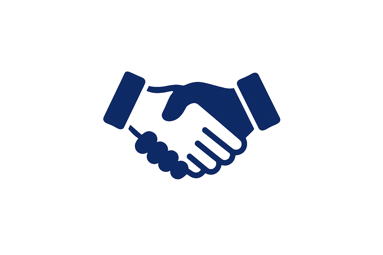 A graphic of a dark blue handshake symbol with two hands gripping each other.