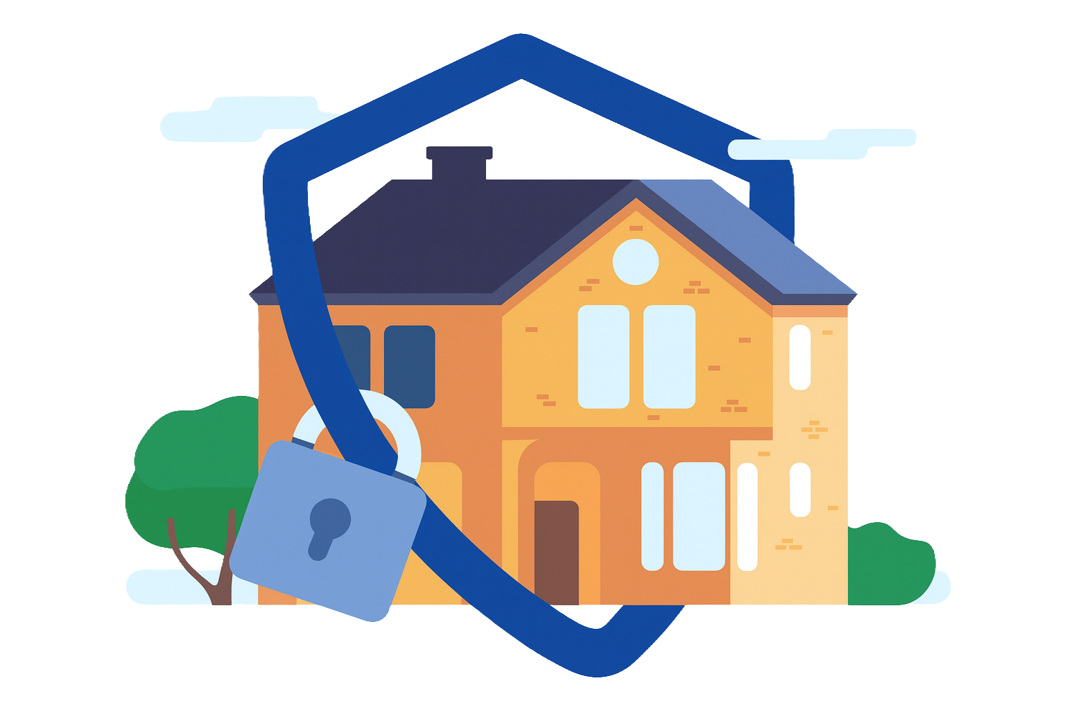 Illustration of a locked house with a blue shield security symbol surrounding it.