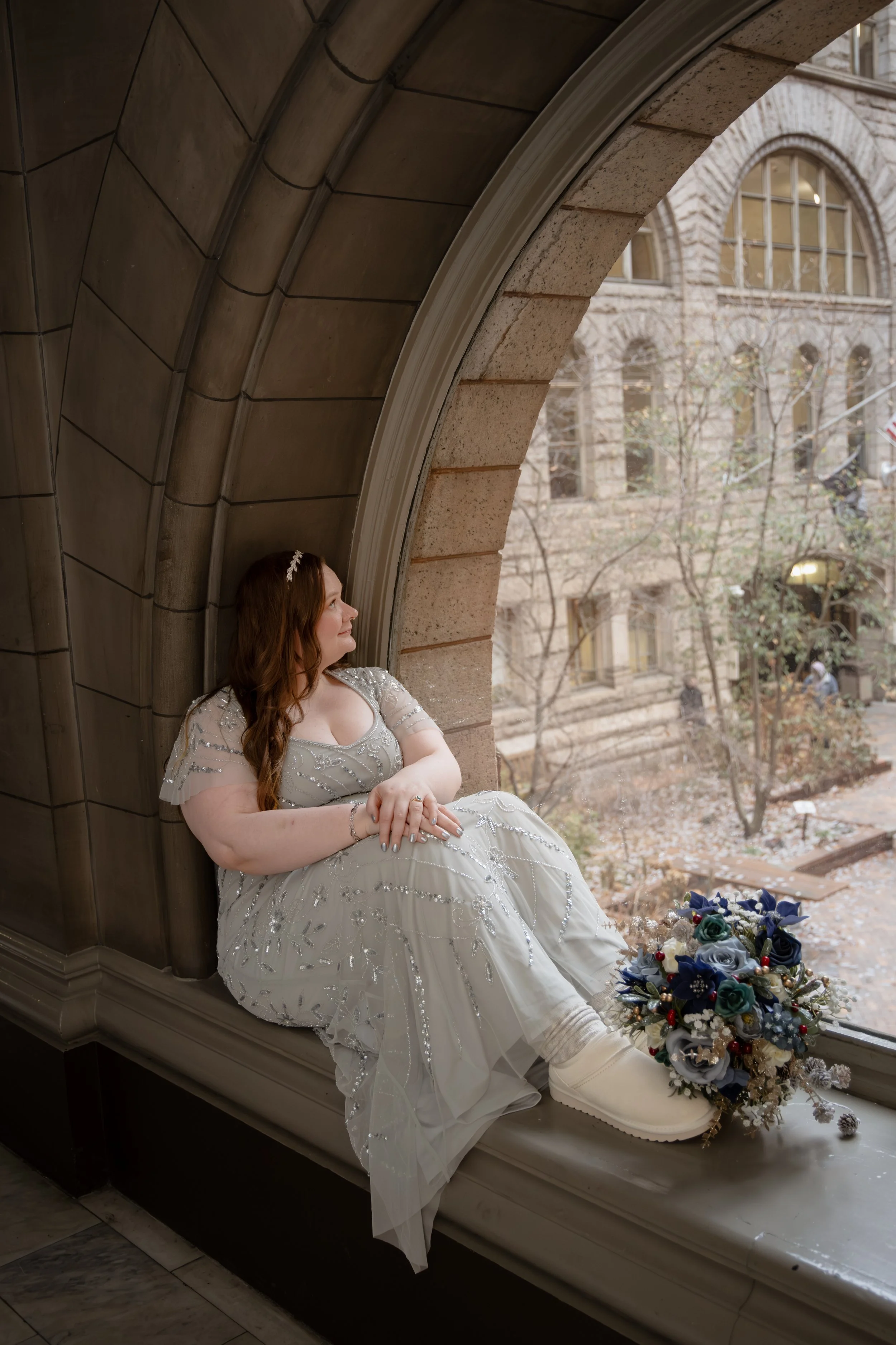 moody and romantic wedding photography of bride at Allegheny county courthouse 