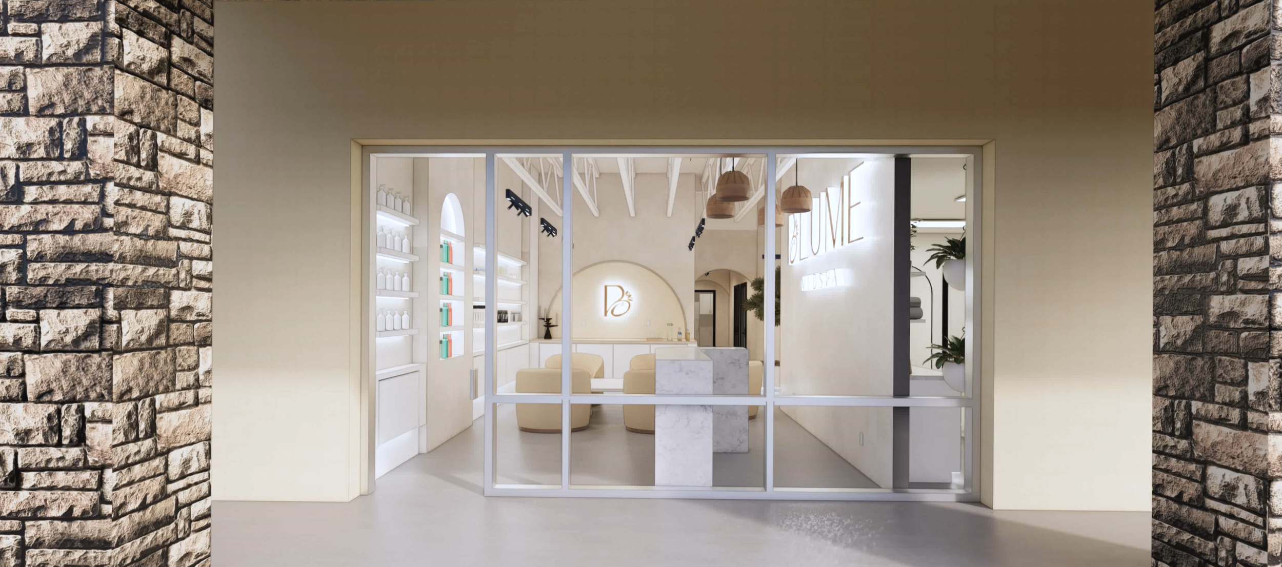 A modern, minimalist beauty salon interior with white walls, beige seating, and decorative plants, viewed through a large glass window framed by brick walls.