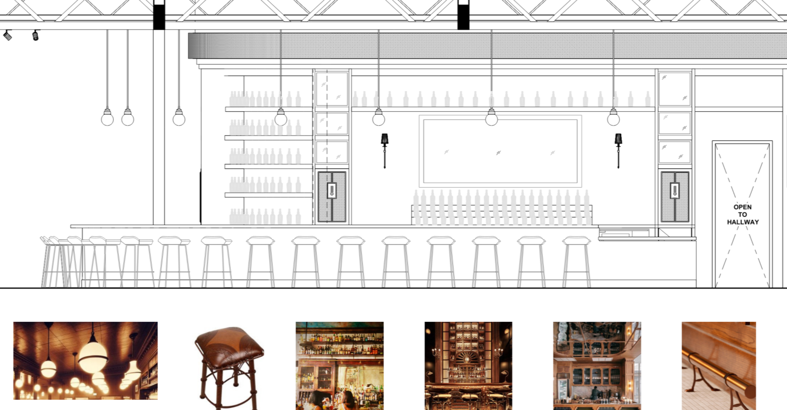 Interior sketch of a bar with a long counter, bar stools, shelves with bottles, and decorative lighting