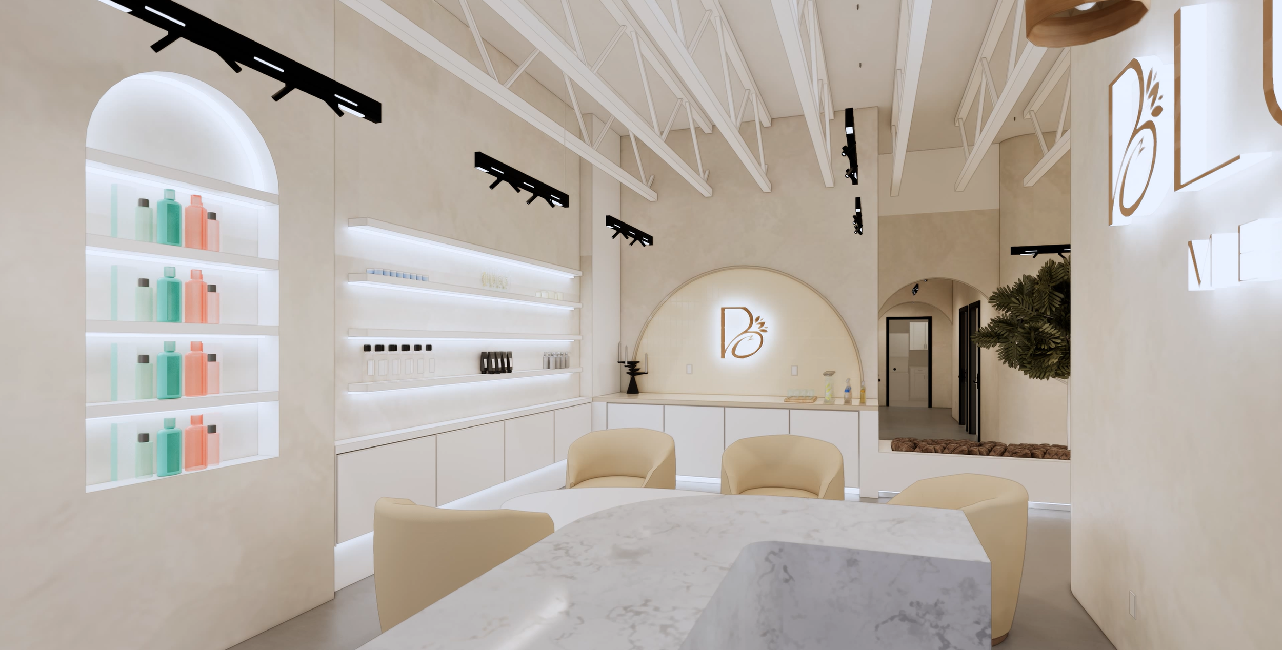 Minimalist store interior with beige walls, white ceiling with exposed beams, black track lighting, curved wall with illuminated logo, shelves with bottles, and a marble table with beige chairs.