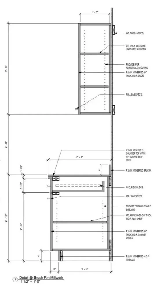 Technical drawing of a break room millwork cabinet with detailed measurements and specifications, including shelves, doors, and hardware.