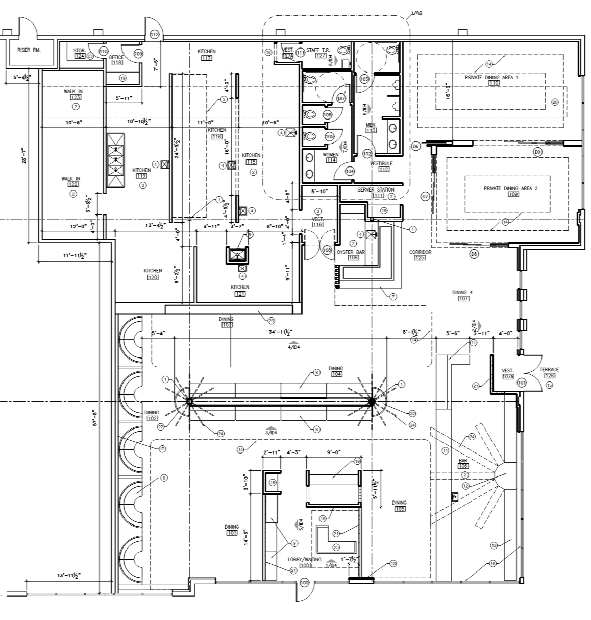 Architectural floor plan of a building with rooms labeled for kitchen, dining, private dining areas, walk-ins, offices, staff rooms, and amenities.