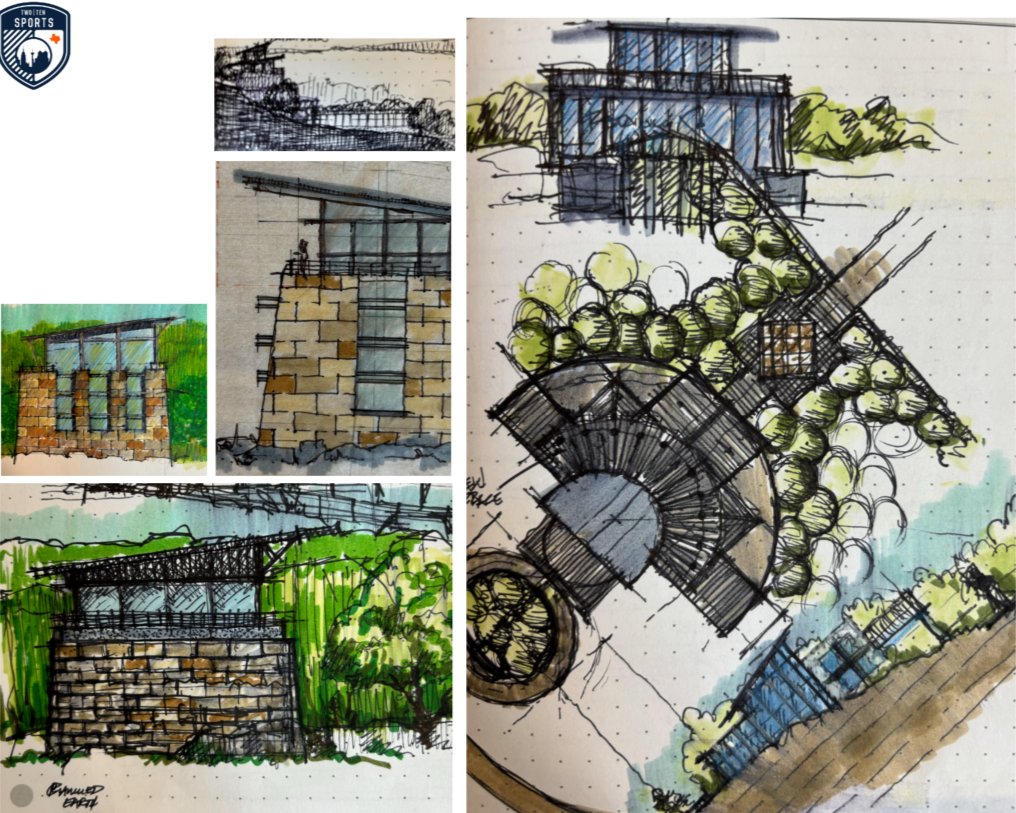 A collage of architectural sketches depicting different modern building designs, including a high-rise with stone and glass facade, a pavilion with a sloped roof, and a circular structure with surrounding greenery.