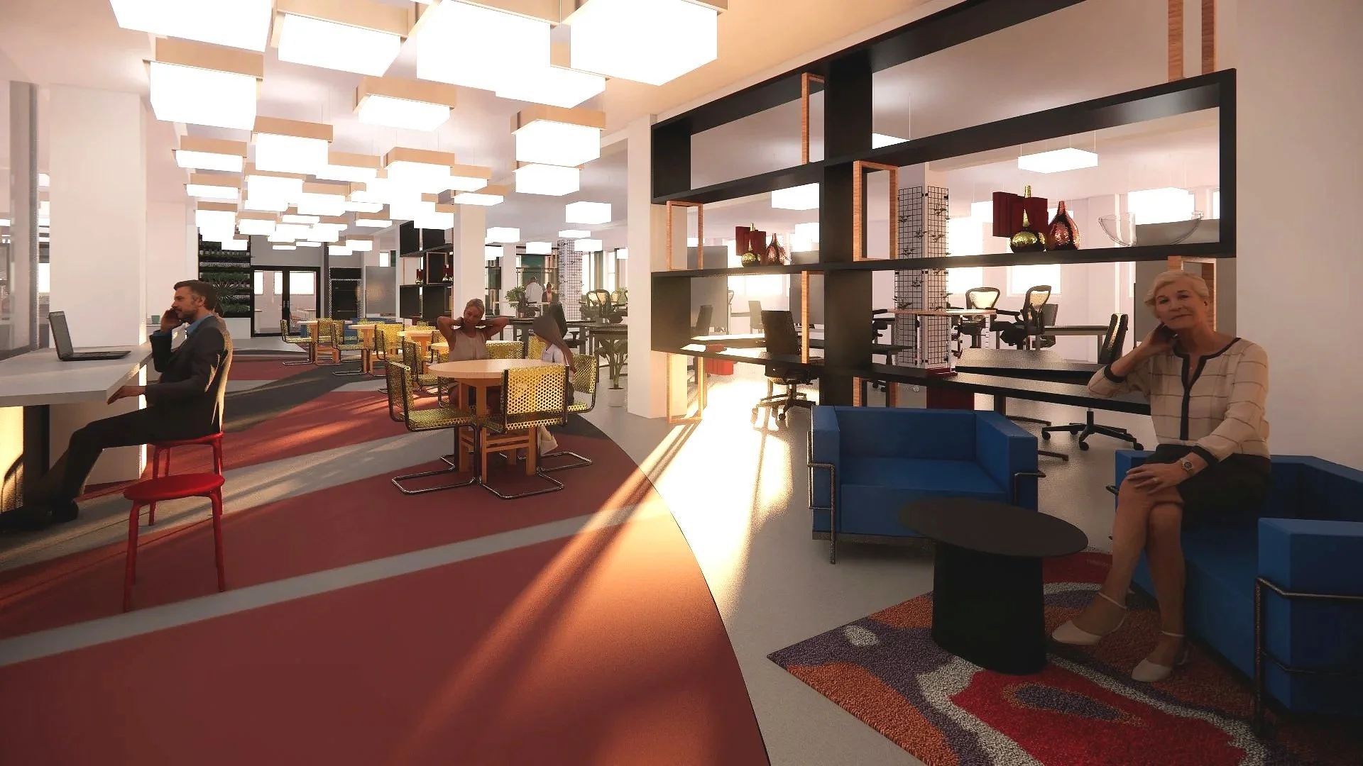 Modern open-concept office lounge with seating areas, people working and talking on phones, decorative items, and bright lighting.