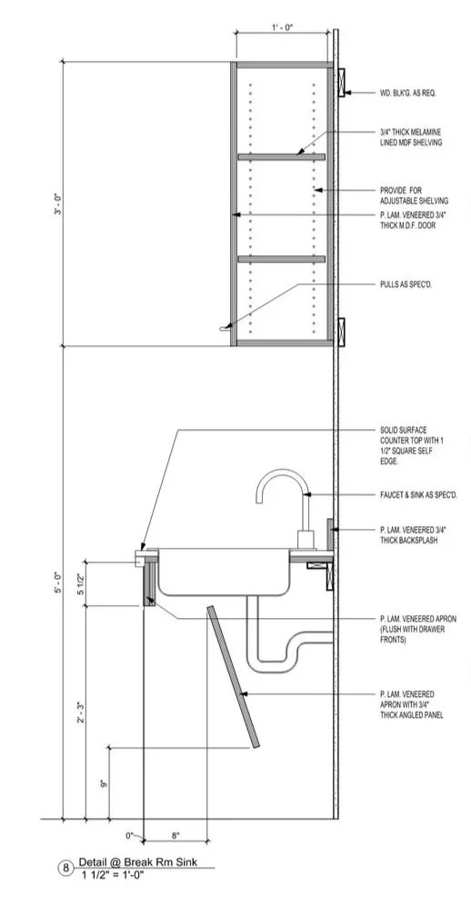 Architectural detail drawing of a kitchen sink installation showing measurements, shelving, faucet, backsplash, apron, and cabinetry components.