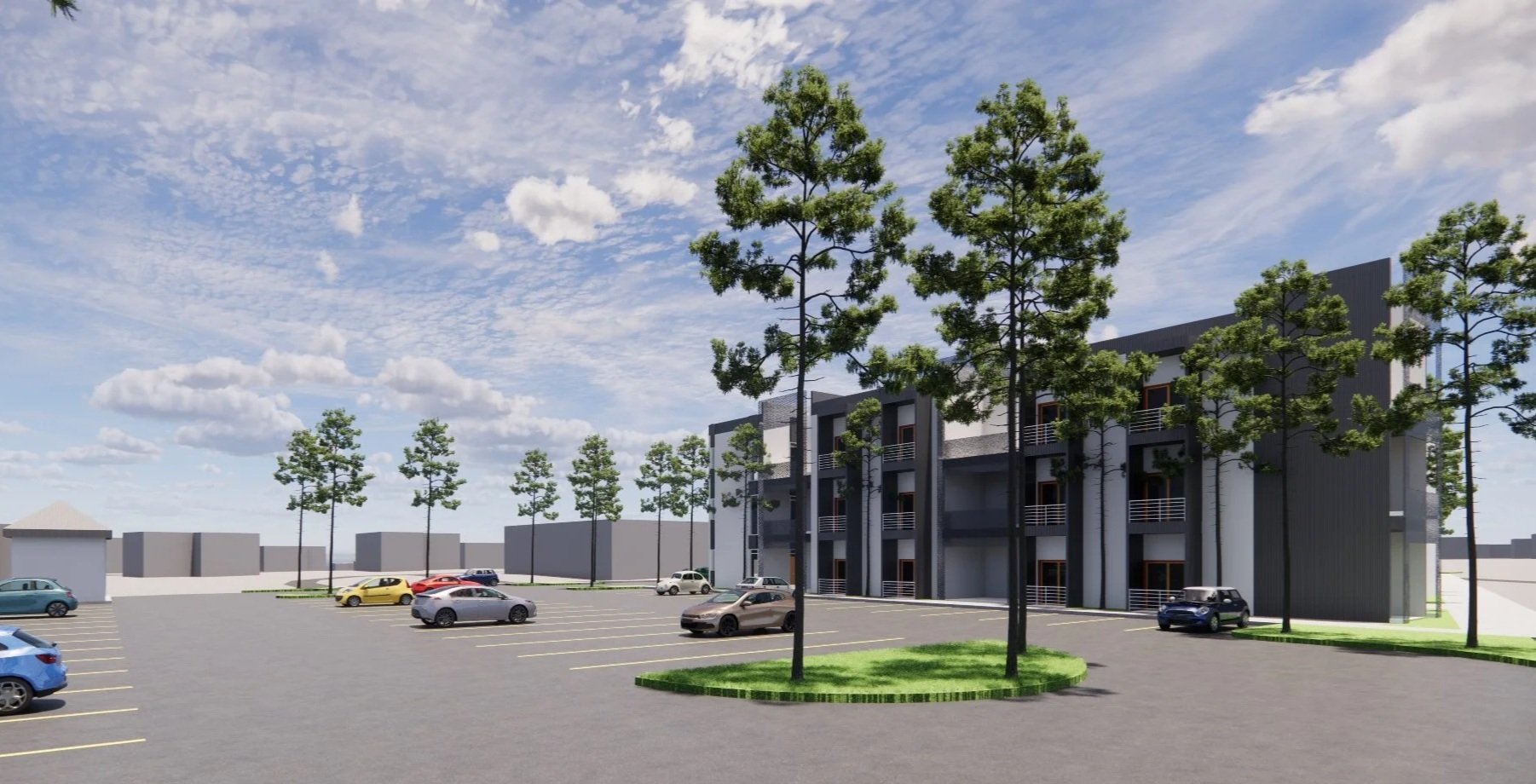 Rendering of a modern multi-story residential building with a parking lot and landscaped area with tall trees under a partly cloudy sky.