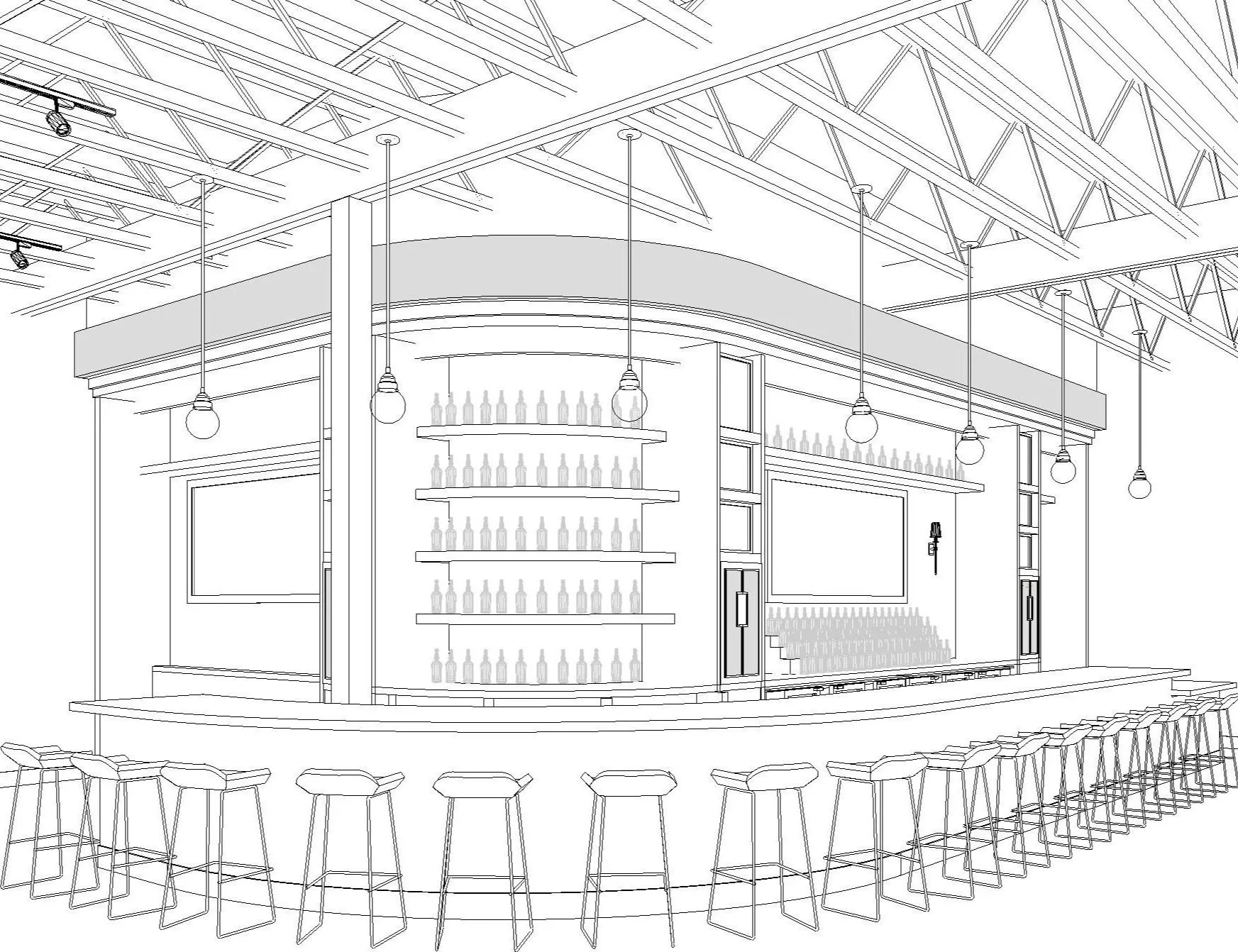 Line drawing of a modern bar with a curved counter, bar stools, shelves with bottles, and hanging pendant lights in an industrial ceiling setting.