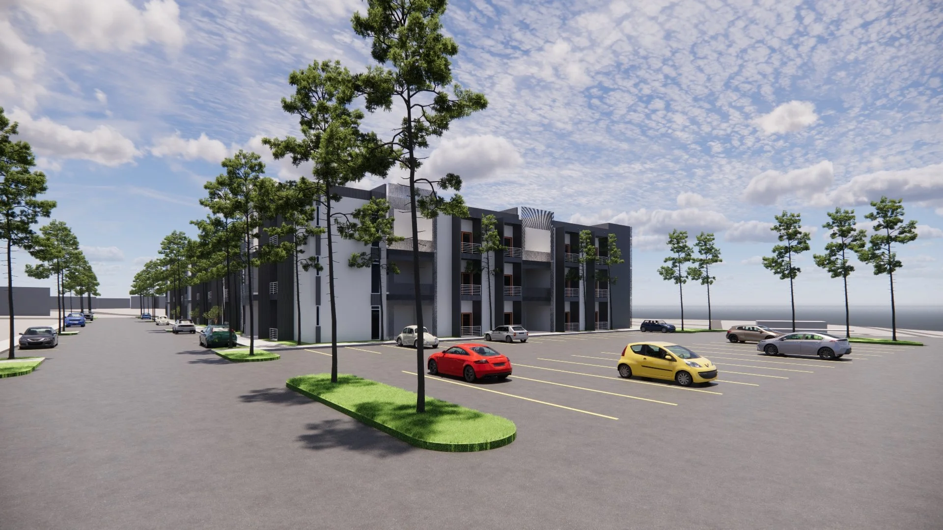Rendering of a modern multi-story apartment building with a parking lot and trees, under a partly cloudy sky.