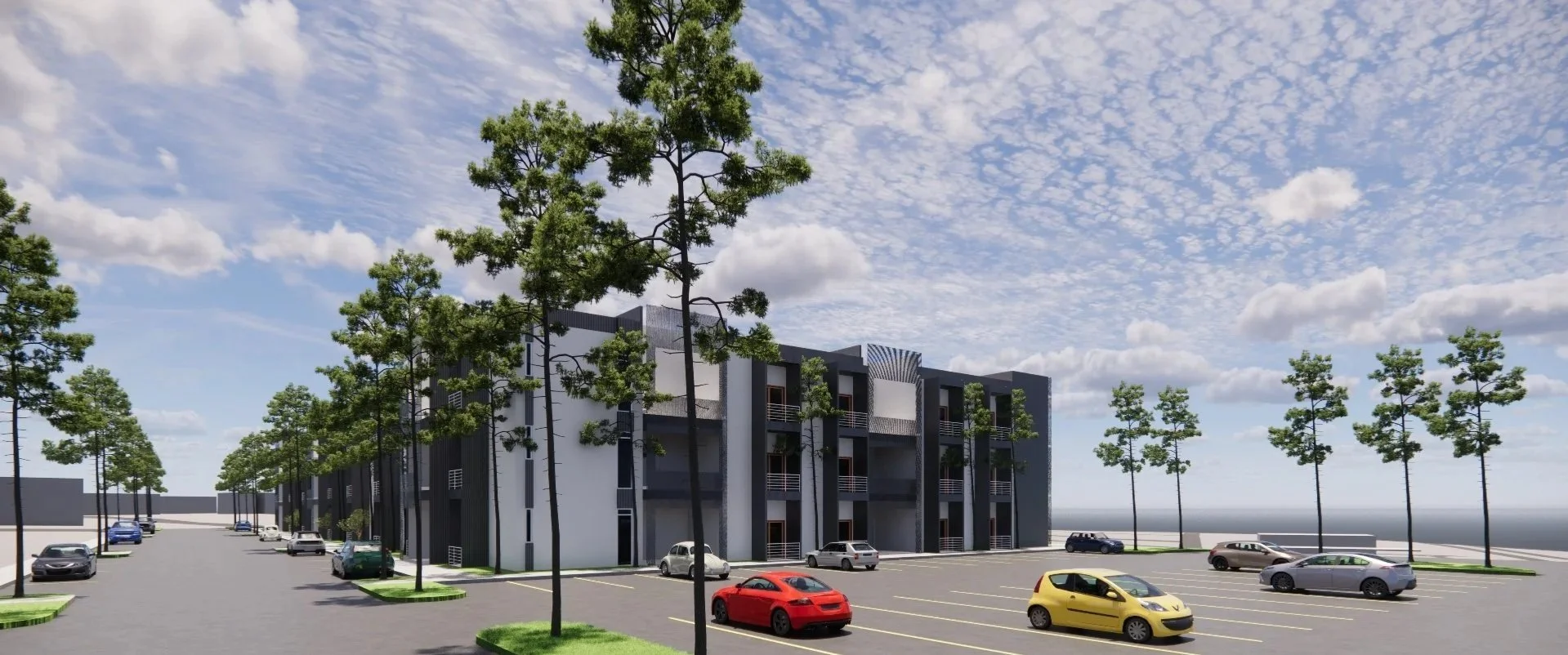 A modern multi-story residential building with a parking lot in front, surrounded by evenly spaced tall trees under a partly cloudy sky.