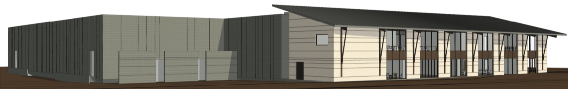 3D rendering of a modern, two-story building with large glass windows and a flat roof, with a mix of beige and gray exterior materials.