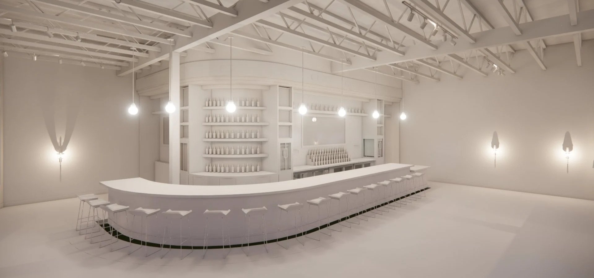 A modern, minimalist bar with white walls, ceiling, and furniture. The curved bar counter is surrounded by white barstools, and shelves behind the bar display bottles. Pendant lights hang above the bar, and wall-mounted lamps provide soft lighting.